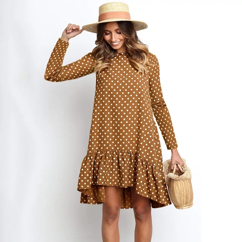 2024 Women Autumn Dress Fashion Polka Dot Chiffon Dress Boho Long Sleeve Ruffle Female Casual Yellow Dress