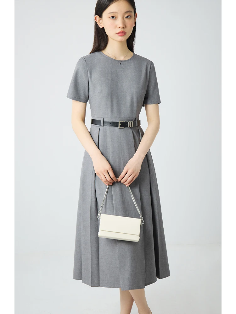 ZIQIAO Women Grey Temperament Sleeveless Long Pleated Design Dress Belt Decoration V-Neck Solid Office Dress 24ZQ92279+24ZQ92247