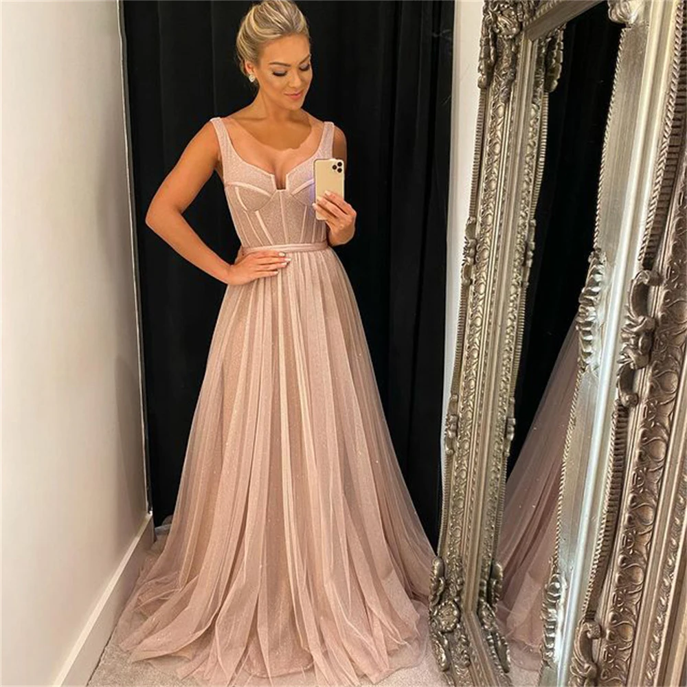 

lush Pink Sequin Evening Dresses V Neck Charming Prom Dress Sleeveless Party Dresses Custom Size Elegant vestidos de noche