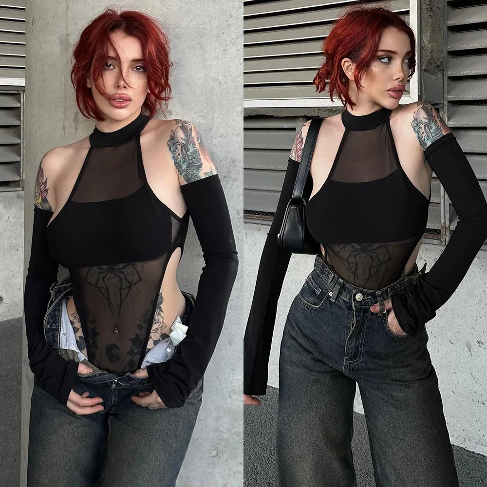 MORODER Jesień-Zima Nowości Zmysłowa Bluzka Damska z Rozcięciem, Długim Rękawem, Bezszwowa, z Siateczki Koronkowej, Ażurowa, Wysoce Elastyczna, Jednoczęściowa