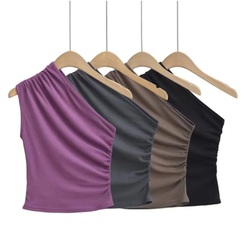 Top Corto Asimétrico Sexy y Moderno con Diseño de Pliegues Laters, Estilo Informal para el Trabajo, Color Sólido, Estilo V...