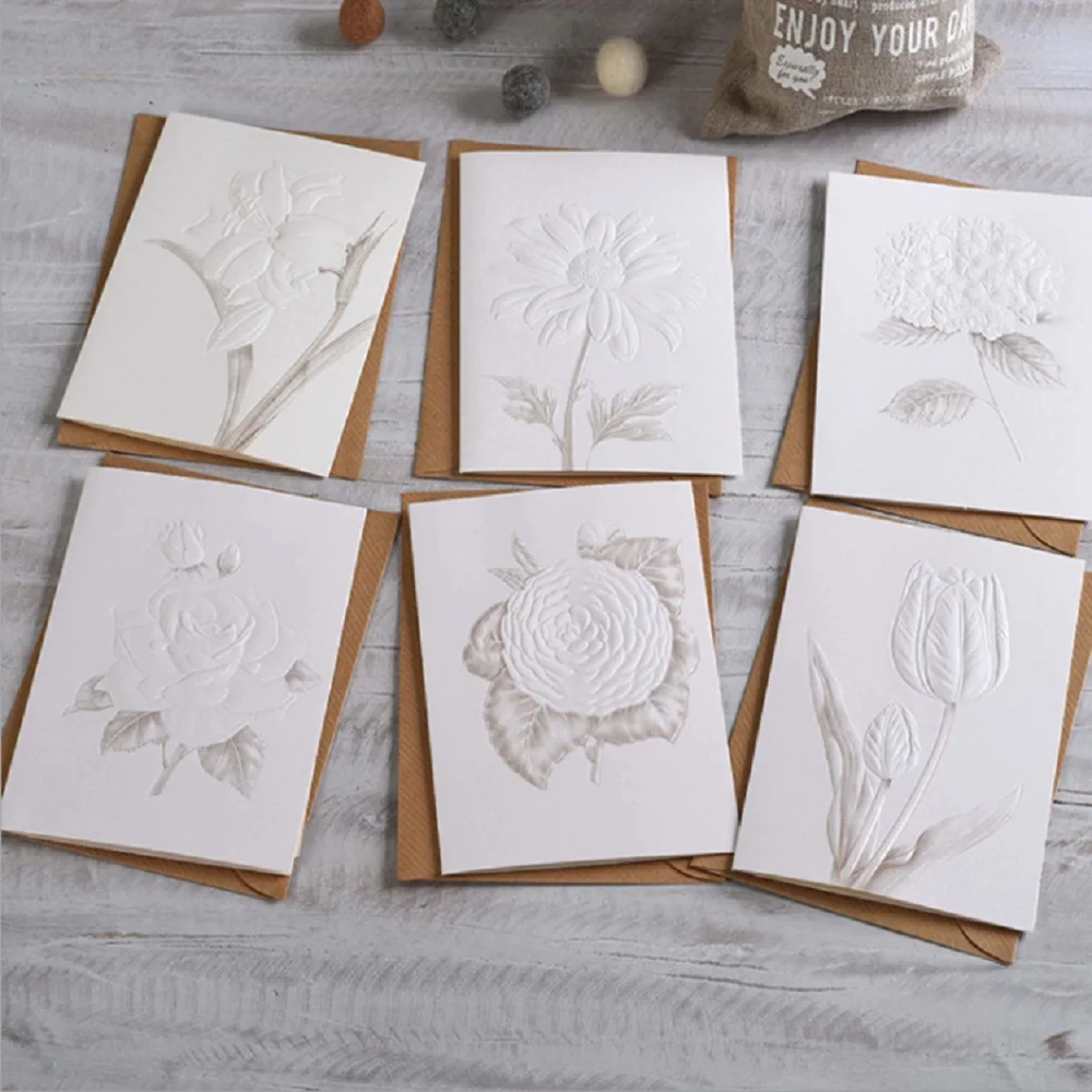 6pcs/set White Color Flower Greeting Card with Envelopes Pop Up Best Wishes Blank Thank You Gift Cards Invitations