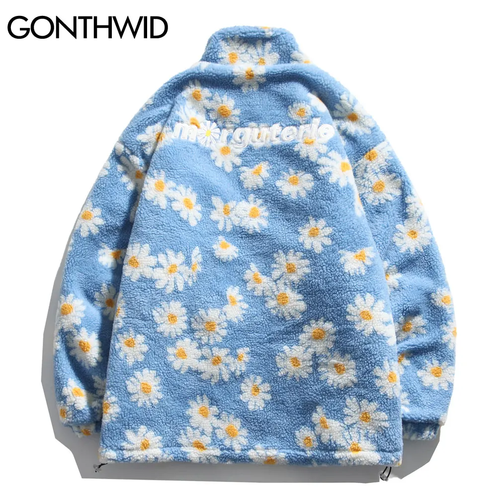 GONTHWID Cotton Padded Thick Parkas Jackets Streetwear Hip Hop Daisy Print Fleece Warm Full Zip Coats Fashion Harajuku Outwear