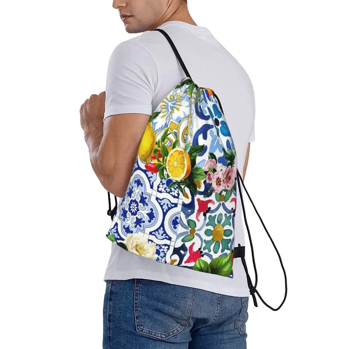 Sicilian Tiles,mediterranean,mosaic,lemons Backpacks Casual Drawstring Bags Sports Bag Book Bags for Man Woman Students