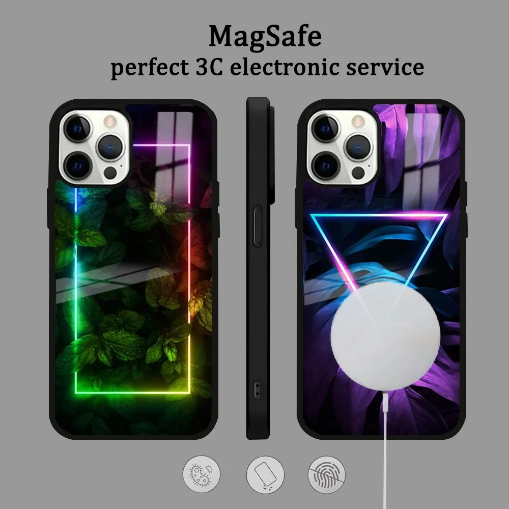 

Green Neon Frame Plant Leaves Phone Case For IPhone 16 15 14 13 12 11 Pro Max Plus Mini Magsafe Mirror Wireless Magnetic Cover