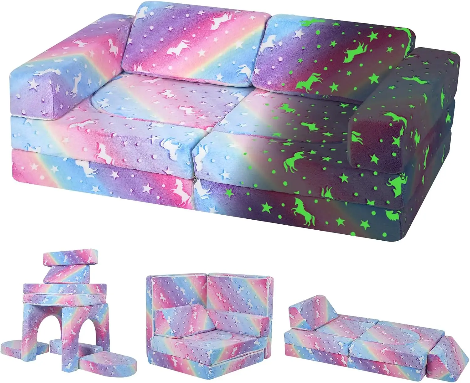 

10-Piece Glow-in-the-Dark Rainbow Kids Modular Play Couch, Convertible Foam Sofa & Fold-Out Floor Bed for Toddlers, Creative Pla