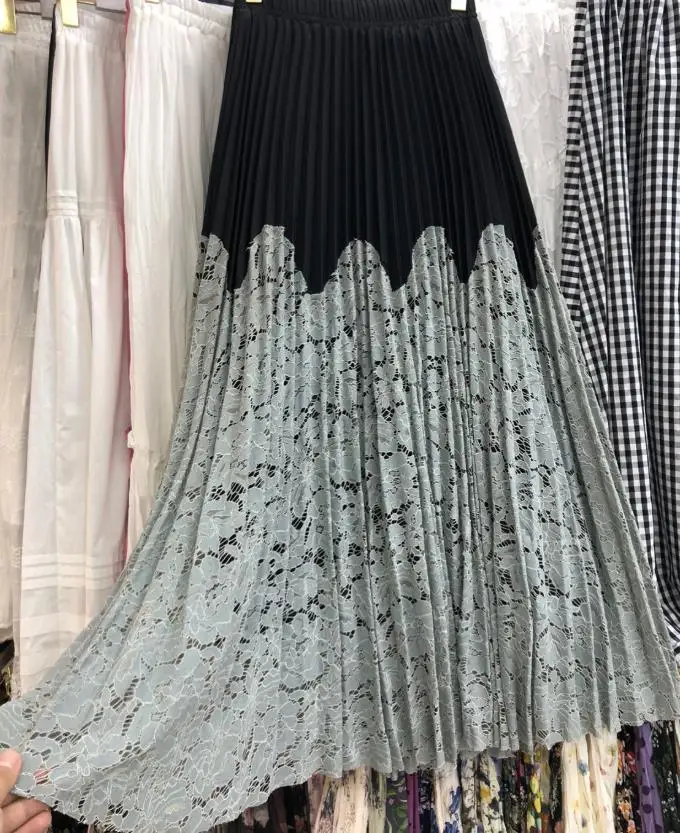 Lace patchwork pleated skirt  Elegant women color blocking hanging effect large swing long skirt