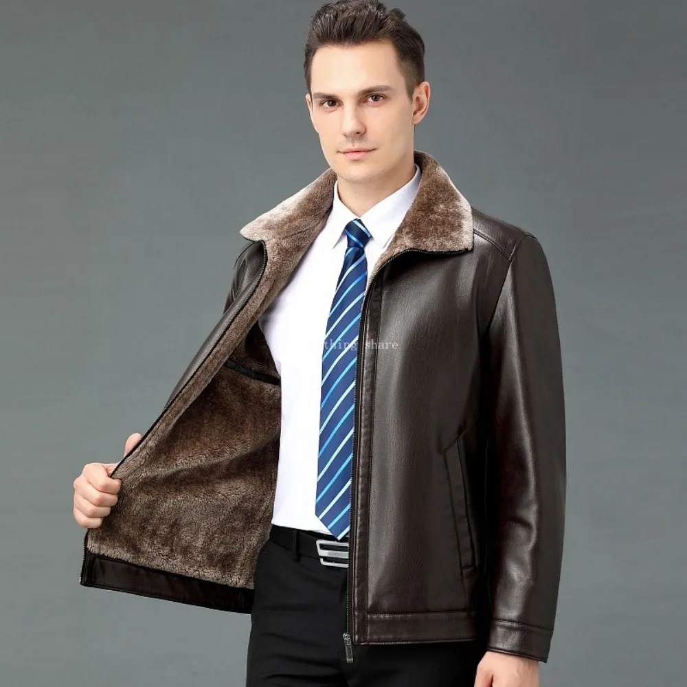 Men's Genuine Leather Clothes plus Size Dad's Fur Integrated Warm Jacket