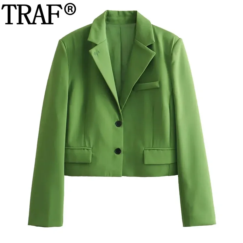 

TRAF Office Wear Cropped Blazer For Women Formal Green Blazer Woman Spring Long Sleeve Short Coat Elegant Stylish Women's Jacket