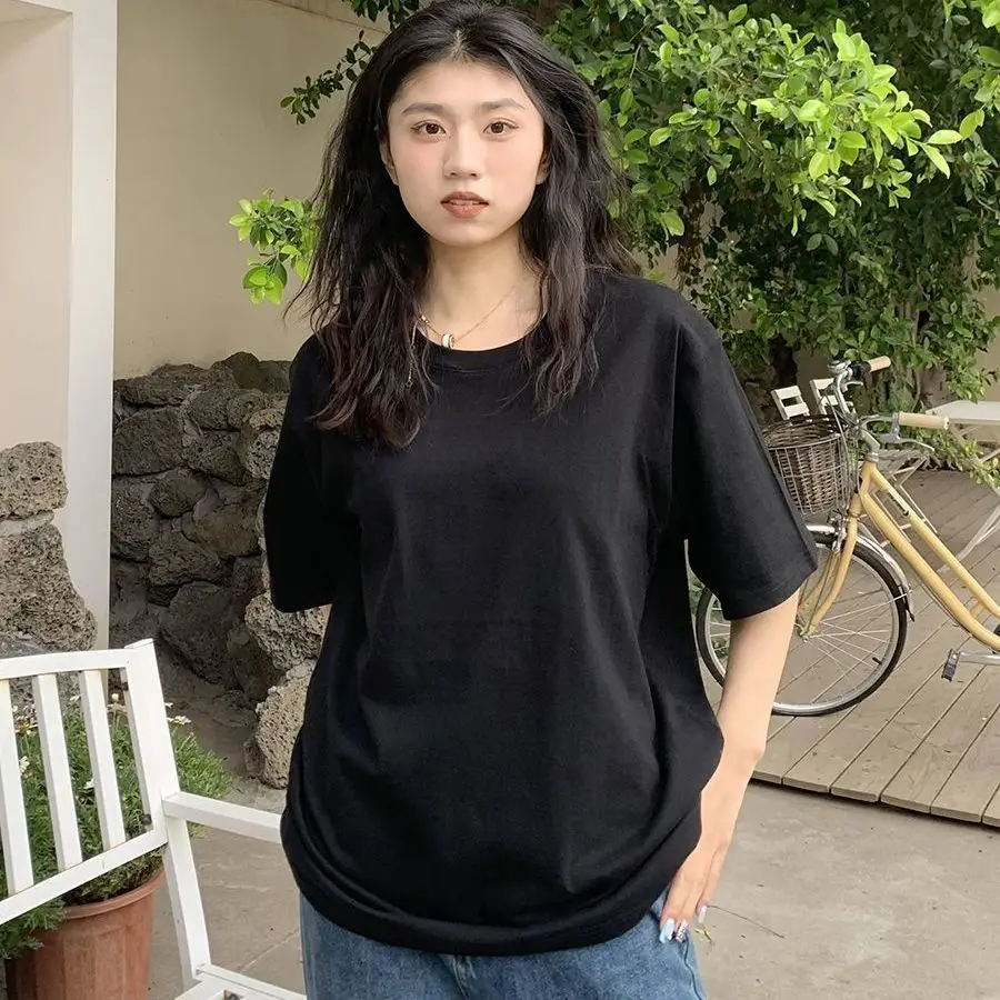 

Women Short Sleeved Loose Solid Color Inner Layer Black Bottom Shirt 100% Pure Cotton Female Top Korean Version New Clothes