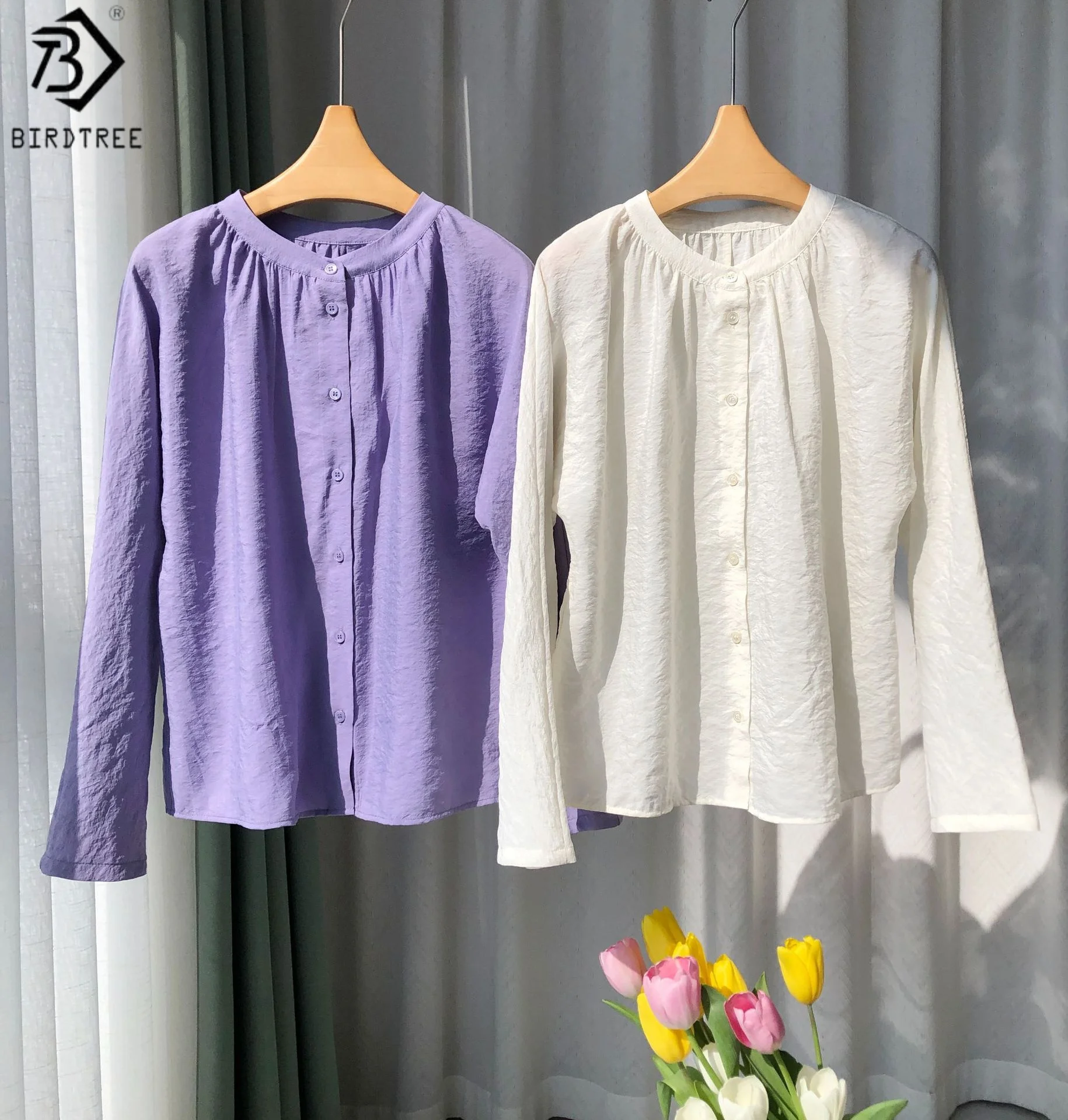 

Birdtree 76% Mulberry Silk 24% Nylon Shirt,Women Dry Silk O-neck Long Sleeve Single Breasted Solid Blouse,2025 New T57909JF