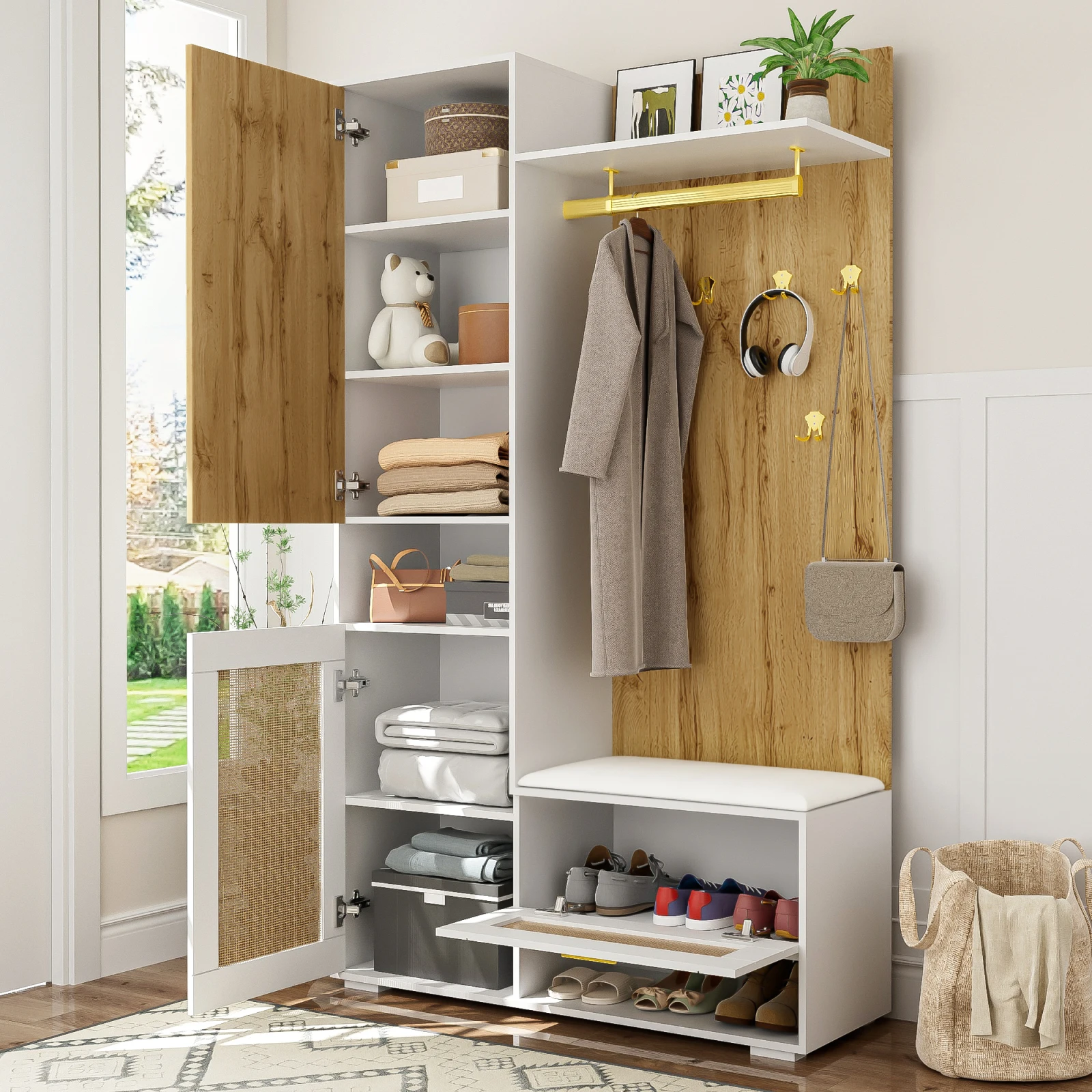 Anajqaqia Kleiderschrank-Set mit Spiegel, 6 Goldfarbenen Kleiderhaken, Schuhschrank, Wandgarderobe, Oberer Stauraum, Bank, 16-Farben-LED-Beleuchtung