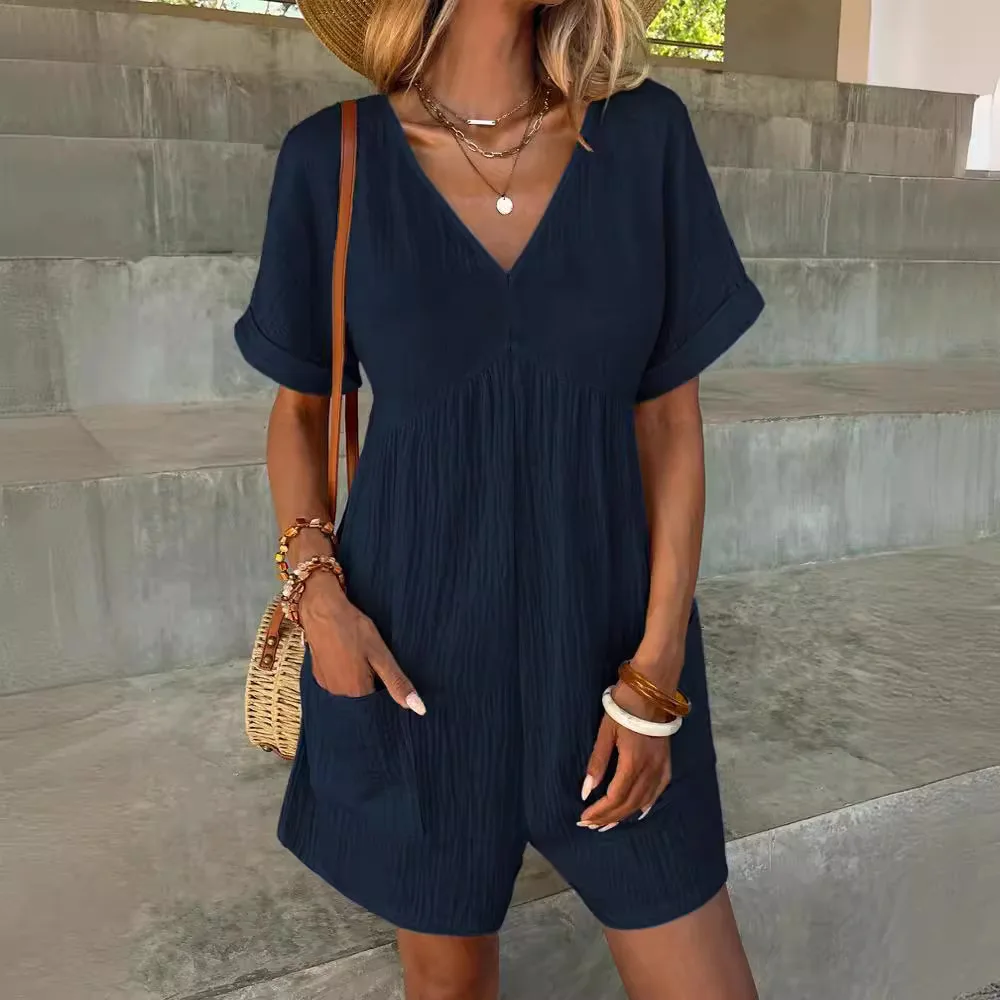 2024 summer European and American fashion solid color V-neck, loose bat sleeve pocket zipper short sleeve jumpsuit