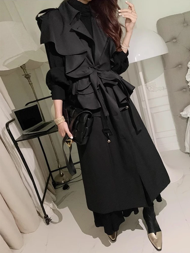 Damski płaszcz trencz, odzież przeciwdeszczowa, blok kolorów, literacki płaszcz wierzchni, na każdą porę roku, szary, krótki, do połowy łydki, gruby, ocieplany polarem, z paskiem w talii.