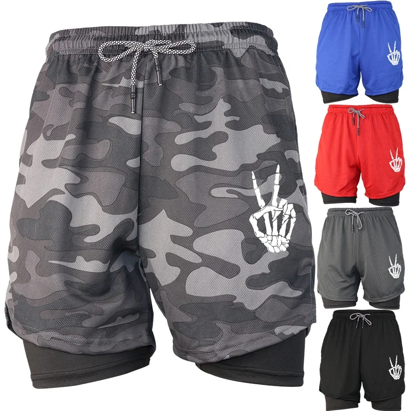 

2025 Мужские шорты Hunter Camo 2 в 1, двухслойные, быстросохнущие, для тренажерного зала, фитнеса, бега, тренировок, дышащее спортивное снаряжение, стиль, новинка