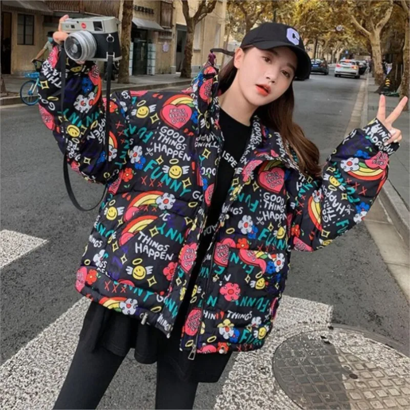 2024 New Parkas For Women Winter Brand Fashion Colorful Graffiti Harajuku Streetwear Zipper Coats Warm Jacket