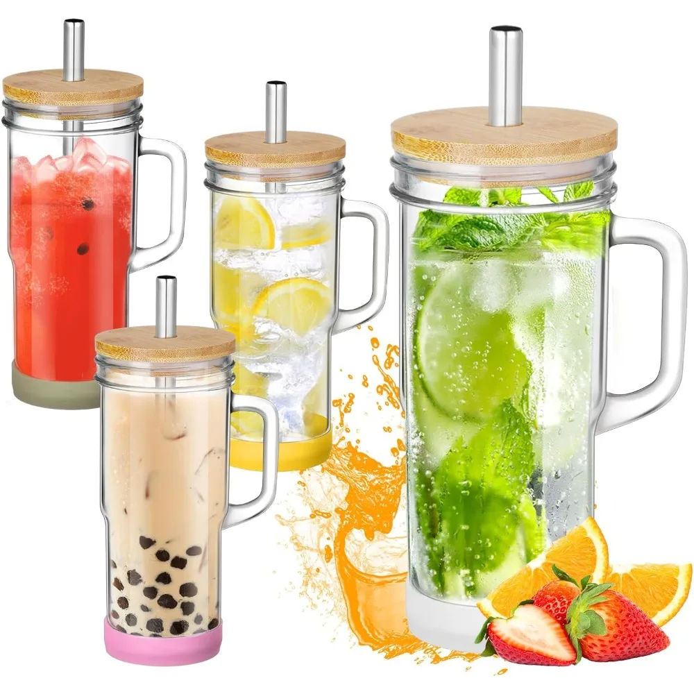 

24oz Glass Cup with Straws Protable Handle Drinking Glasses Coffee Wine Juice Milk Car Mug Cup Drinkware Water Bottle Travel Mug