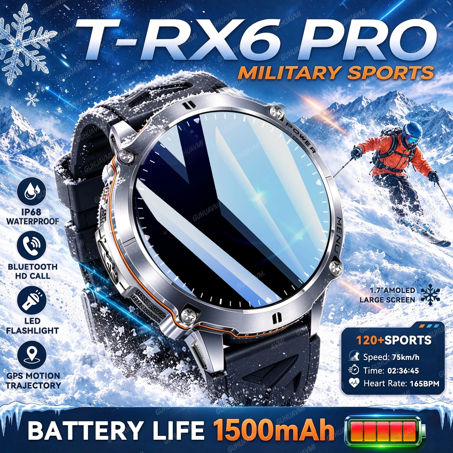 New Military T-RX6 Pro Sports Smart Watch 1500mAh Battery Flashlight IP68 Waterproof Compass GPS Track Fitness Outdoor Clock Men