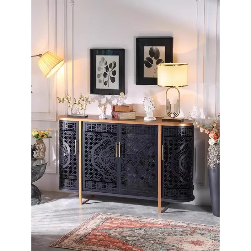 Retro light luxury dining side cabinet Solid wood wrought iron porch cabinet Carved hollow locker Shoe cabinet Foyer decorative