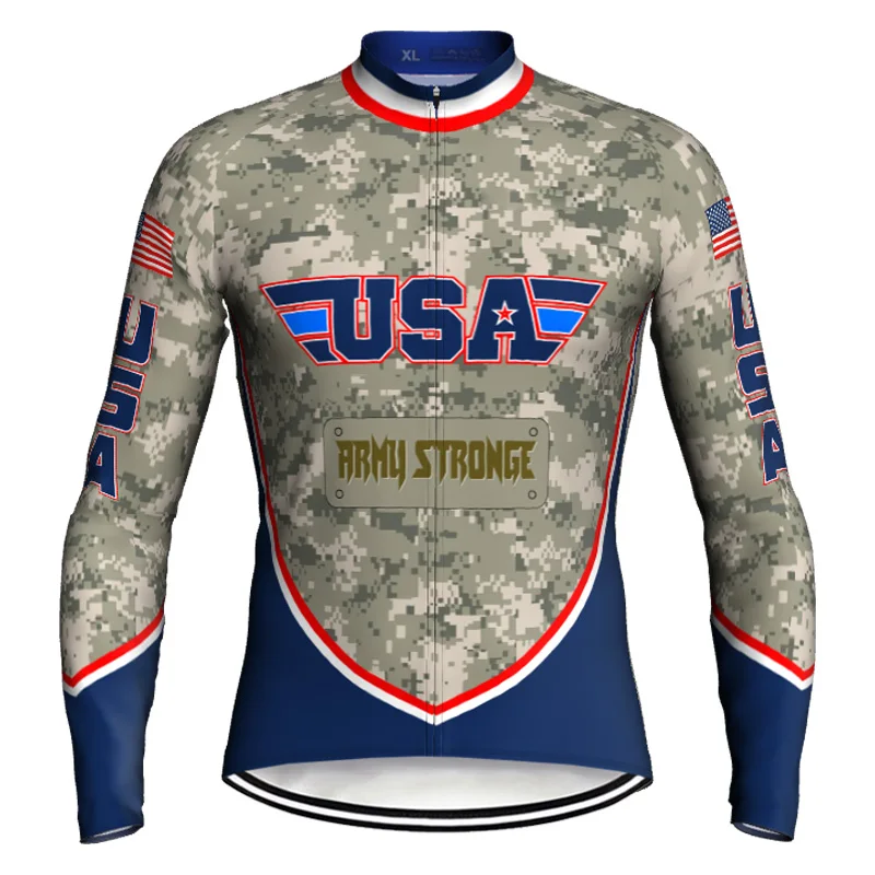 Camo Men USA Long Sleeve Road Clothes Bicycle Top Cycling Jersey Motocross Wear Antislip Shirt Jacket Pro Mountain Bike Racer