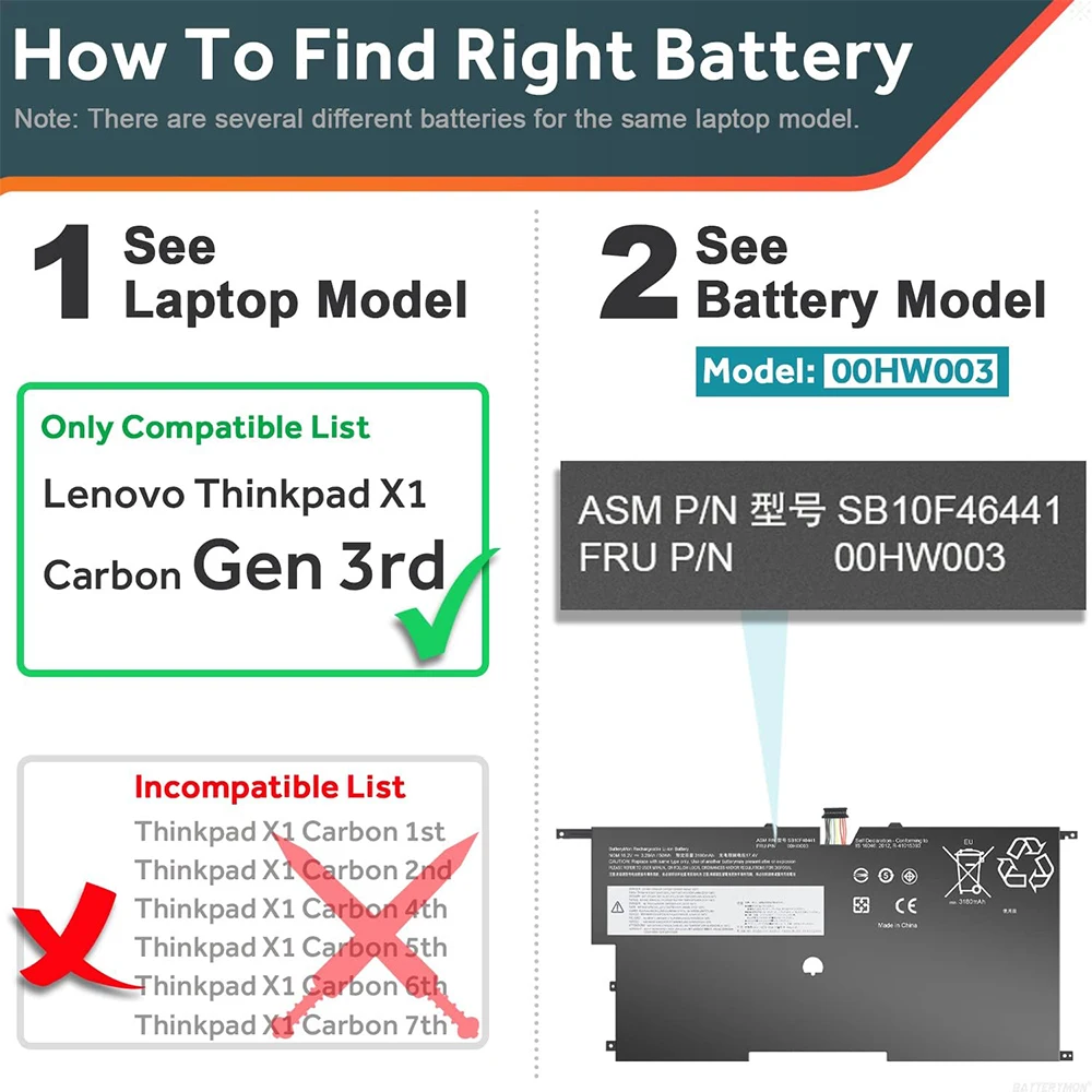 Imagem -02 - Lenovo Thinkpad x1 Carbono Gen Ultrabook Bateria do Portátil 00hw003 00hw002 Sb10f46440 Sb10f46441 45n1701 45n1702 45n1703 2023