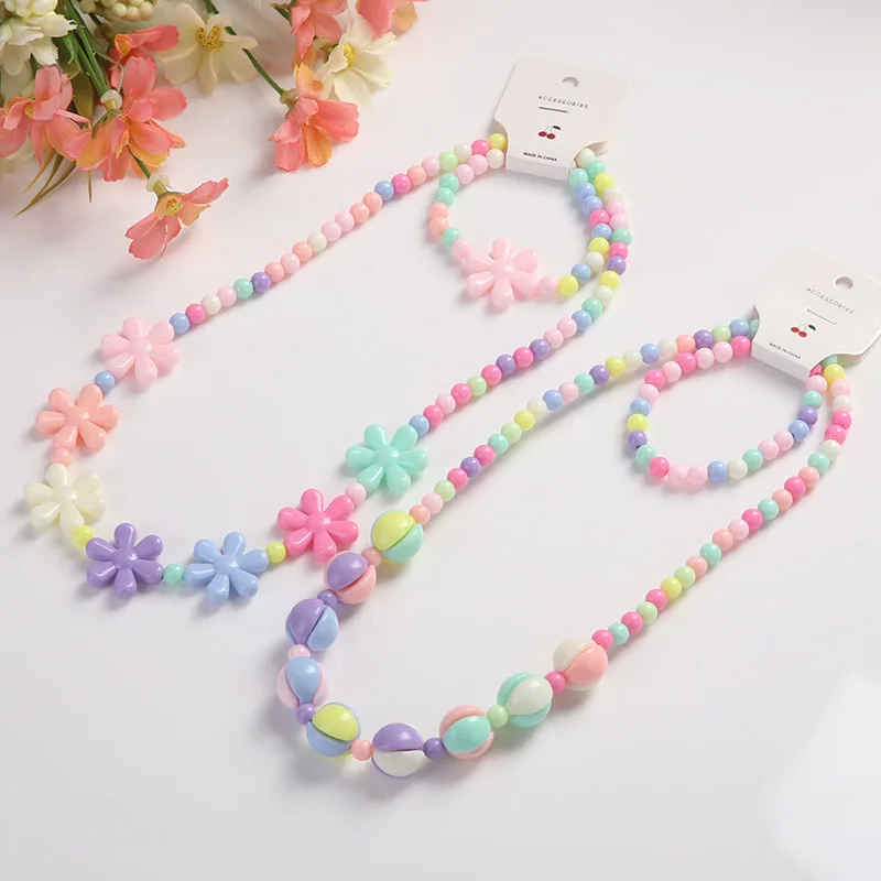 2pcs/set Candy Color Beads Necklace Bracelet Jewelry Flower Bow Strawberry Necklace Bracelet Children Party Girl Birthday Gift