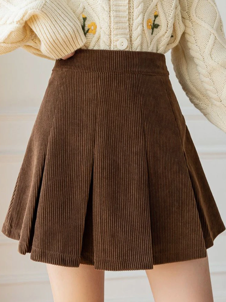 เกาหลี Retro Corduroy จีบกระโปรงผู้หญิงสูงเอวกระโปรงมินิเซ็กซี่ฤดูใบไม้ร่วงฤดูหนาว Preppy สไตล์หญิงหวาน Elegant กระโปรงสาย