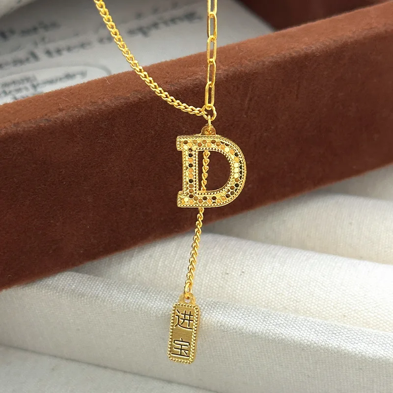 

9999 24K Real Gold Letter D Fish Scale Breathing Chaocai Jinbao Tassel Light Luxury Collarbone Chain