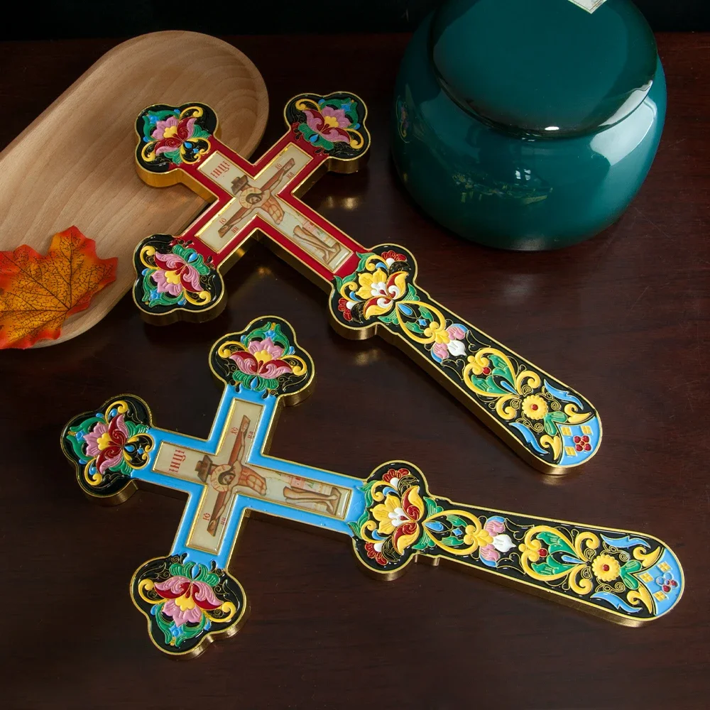 

Orthodox Cross Gold Plated Jesus Icon Crucifix Colored Flower Enamel Decor Bishop Handheld Cross Religion Gift