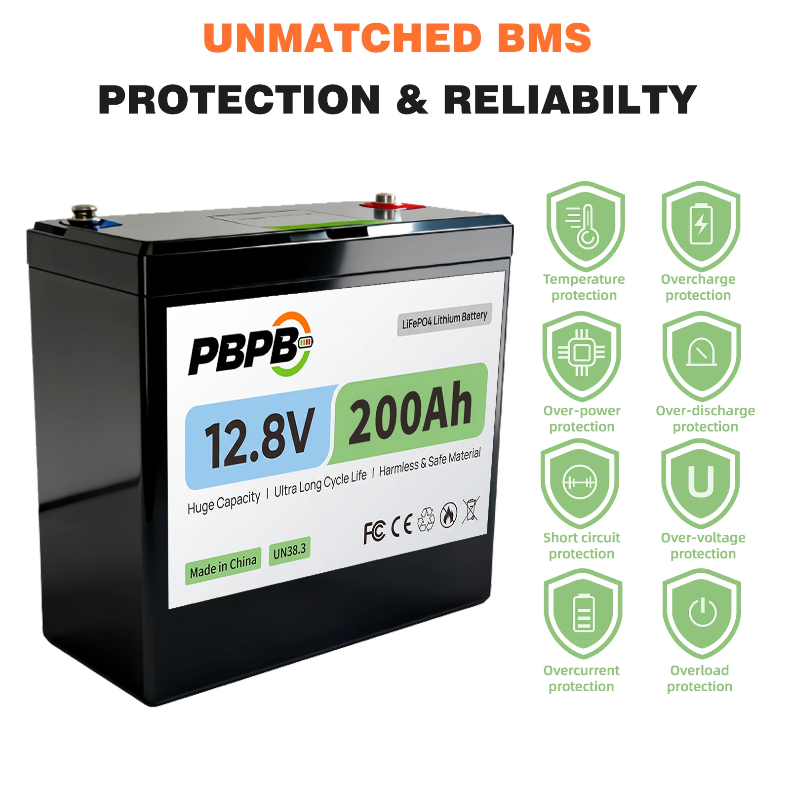 12.8V 200Ah LiFePO4 Lithium Battery with 100A BMS,Low-Temp Protection,2000+ Cycles for LED power supply, electric wheelchair
