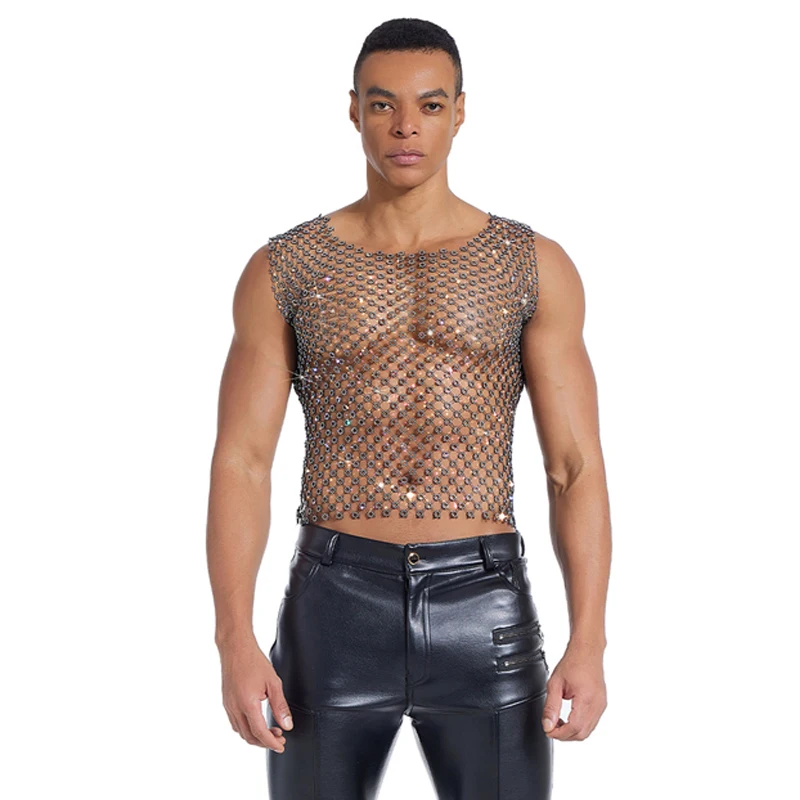 Herren Strass-Netz-Tanktop Schwarz Kristall-Mesh Ärmelloses Transparentes Crop-Top Nachtclub Party Festival Rave Weste футболка+женская – Detail 2