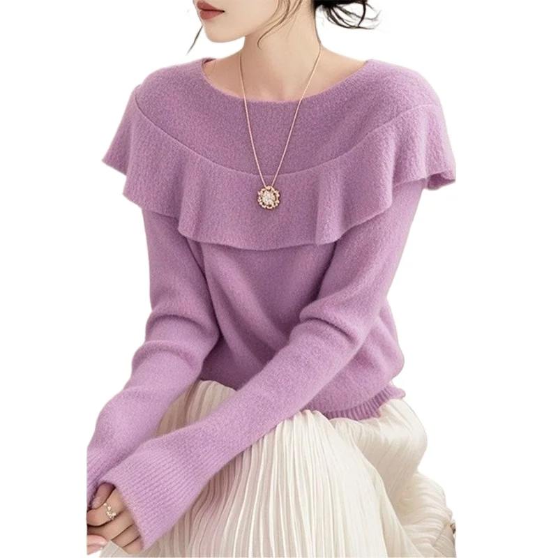 

French High-end Purple Lotus Leaf Collar Long-sleeved Knitted Sweater Women's Winter Unique Super Good-looking Pullover Sweater