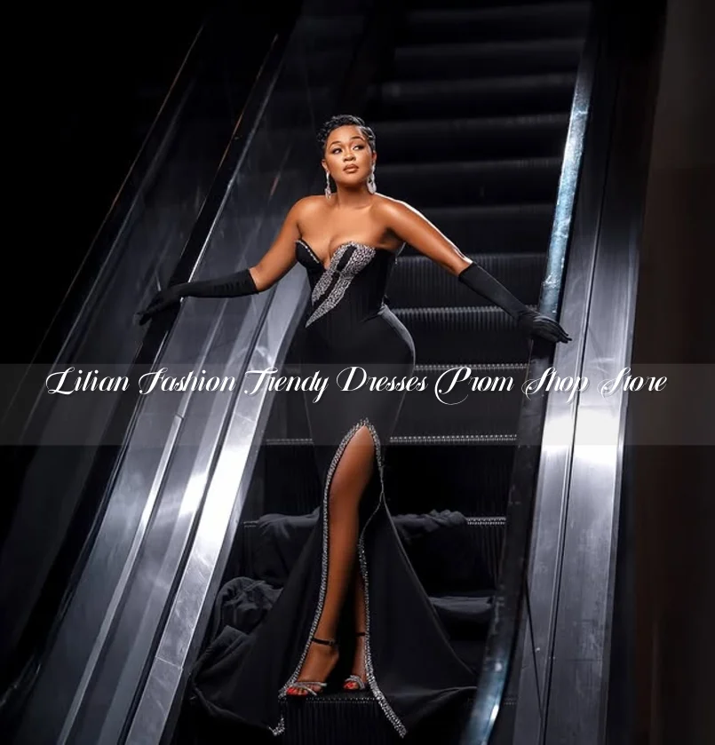 Luxe zwarte schede Afrikaanse avondjurk voor vrouwen sprankelend kristal sexy split met handschoenen op maat vestido femininos