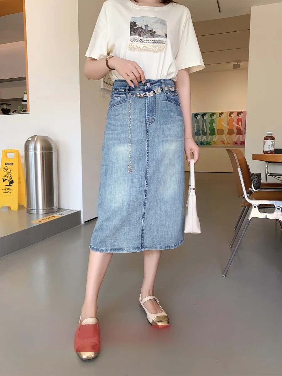 

Джинсовая юбка из хлопка с высокой талией, прямого кроя, А-силуэт, однотонная, винтажная, для повседневной носки, средней длины