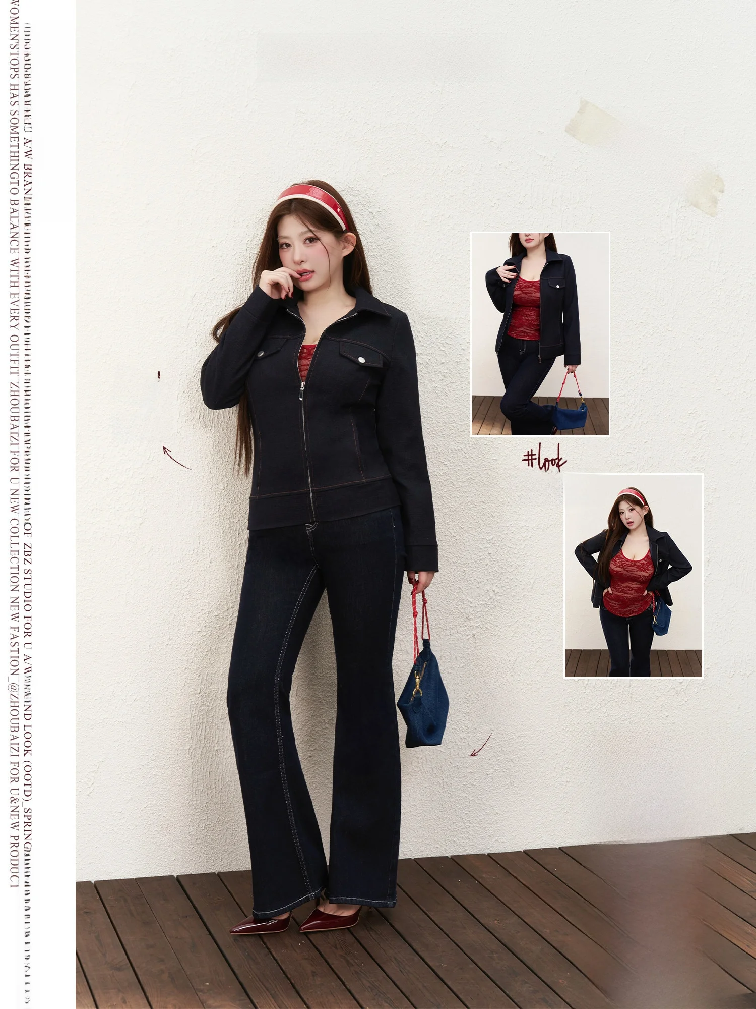 

High Waist Denim Jacket Women's Casual Style Standard Fit Long Sleeve Zipper Closure Pure Color High Whitezi Lady Coat