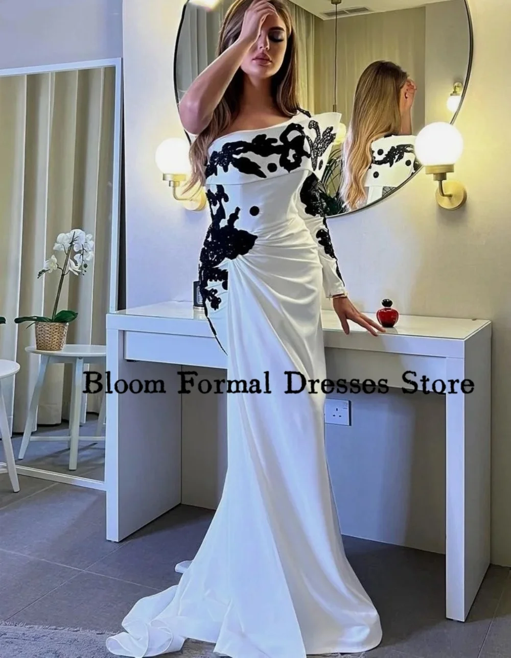 Bloom Black Appliques White Evening Dresses For Prom One-Shoulder Long Sleeve Mermaid Formal Dress Wedding Party Dress 2024