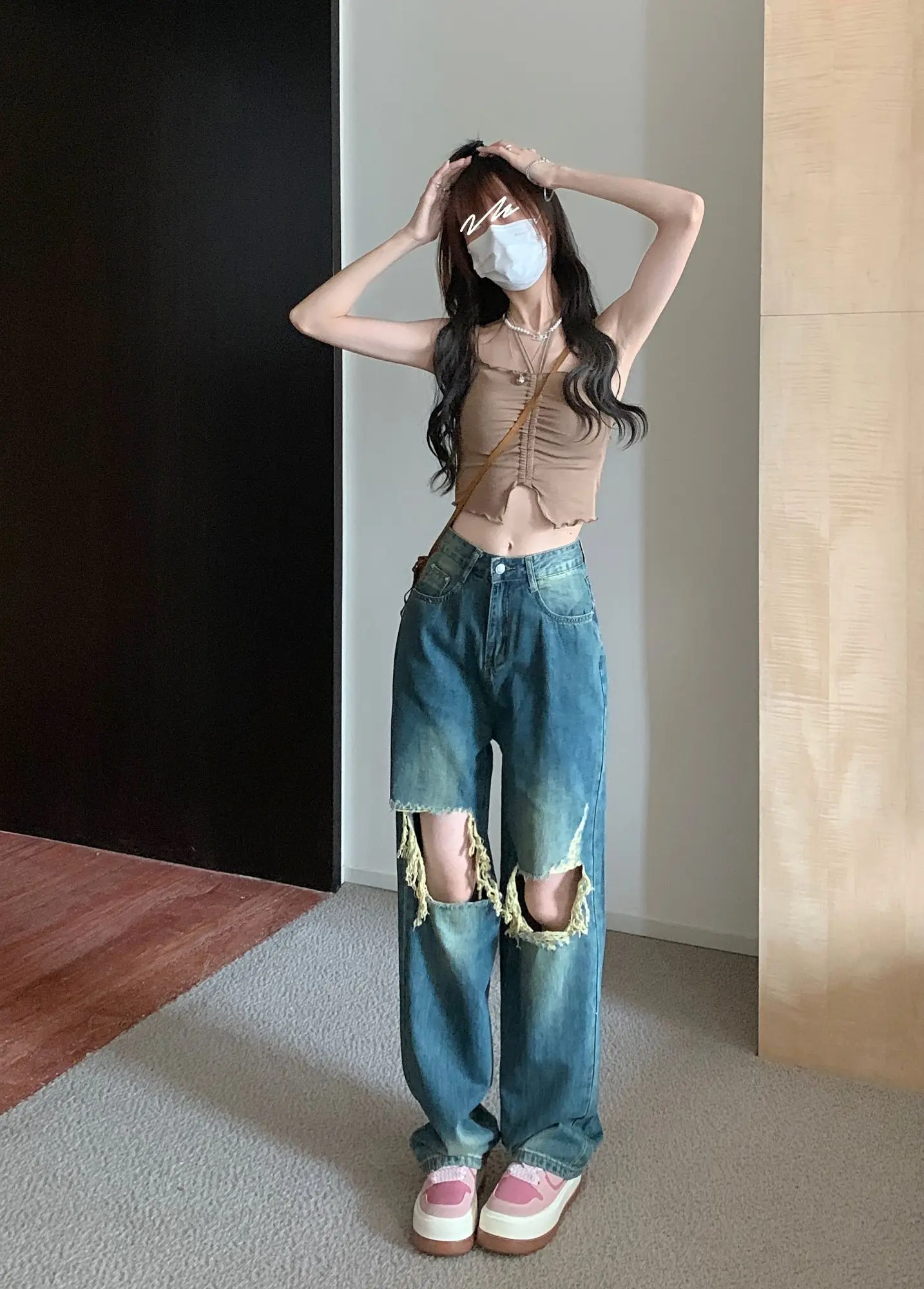 High Street Blue Hole Jeans High Waist Pants Women's Summer Loose Casual Straight Leg Wide Leg Pants Draping Feeling Made Old