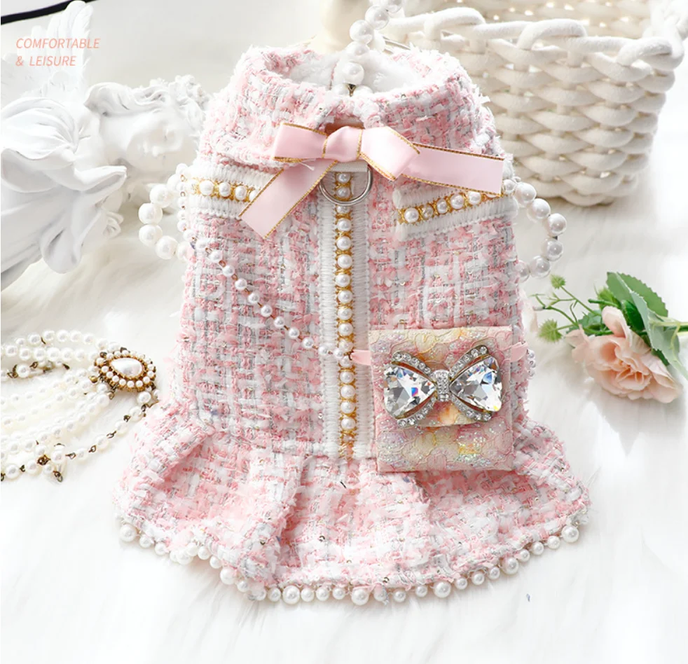 

Pink Pearl Luxury Brand Classic Design Pet Clothes Winter Small Dog Dress With Snack Bag