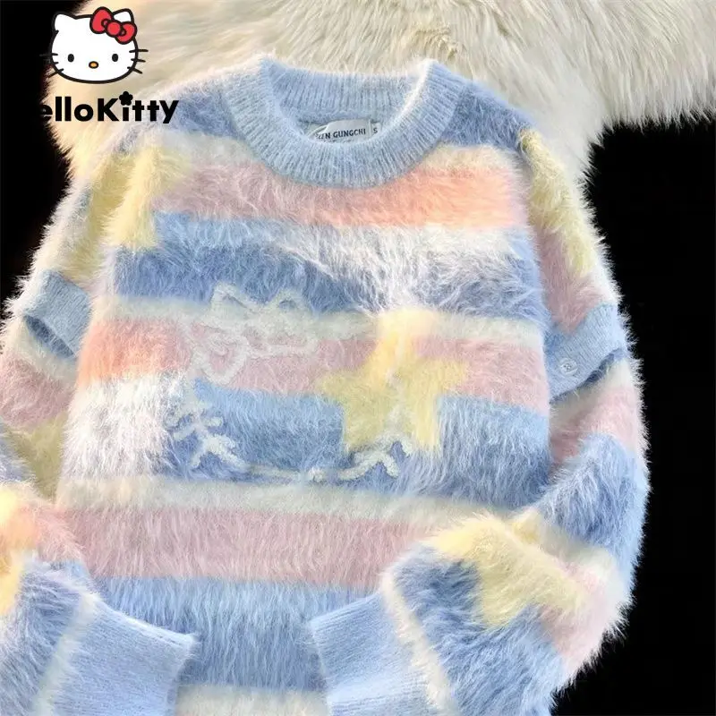 Sanrio Hello Kitty Korean Style Striped Soft Sweater Imitation Mink Round Neck Knitted Sweater Women\'s Autumn Cute Jacquard Coat