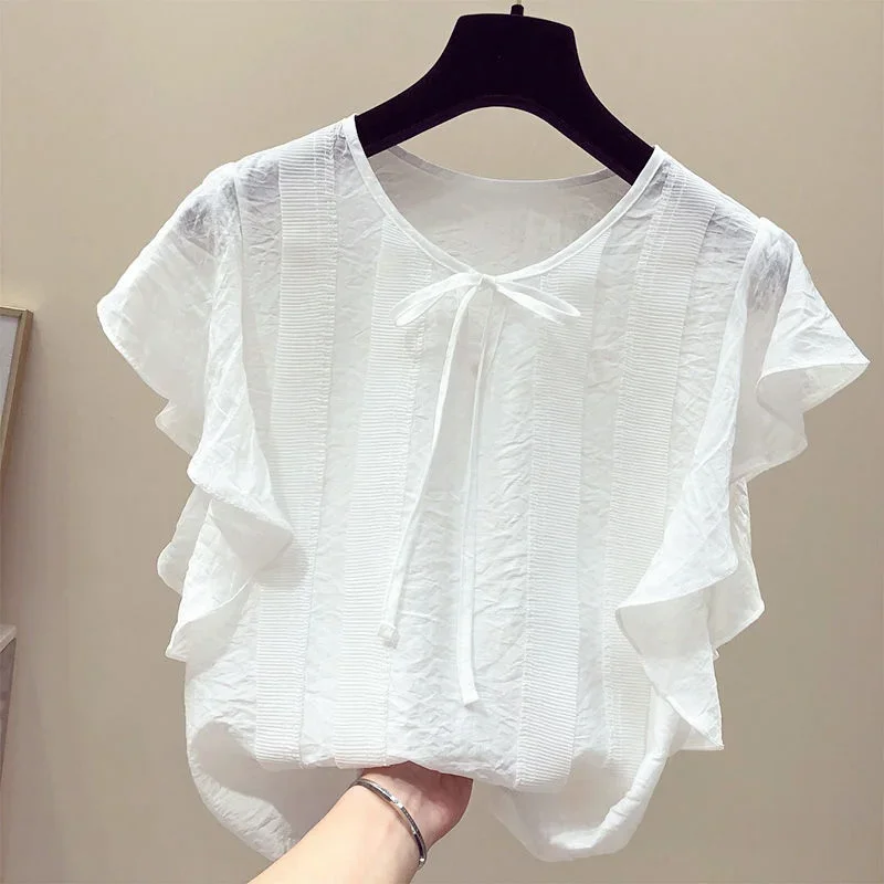 

Summer Chiffon shirts Women Loose Lace Up Bow Ruffles Clothing Summer New Casual Pullovers Solid Color Office Lady Shirt