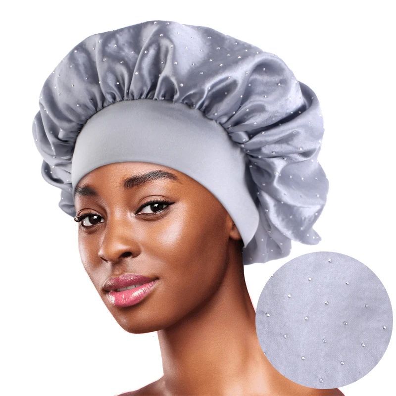 New Elegant Silky Satin Bonnet For Women With Diamond Elastic Wide Band Shower Cap Lightweight Soft Sleeping Night Cap