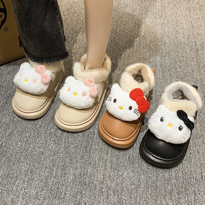 Sanrio winter hello kitty cute warm home women's shoes cartoon doll bow non-slip thick sole outdoor wear plush cotton shoes