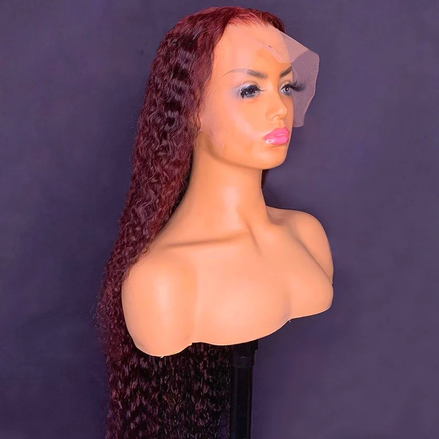 Soft 180Density Burgundy 99j 26Inch Long Glueless Kinky Curly Lace Front Wig For Women With Baby Hair Gluless Preplucked Daily