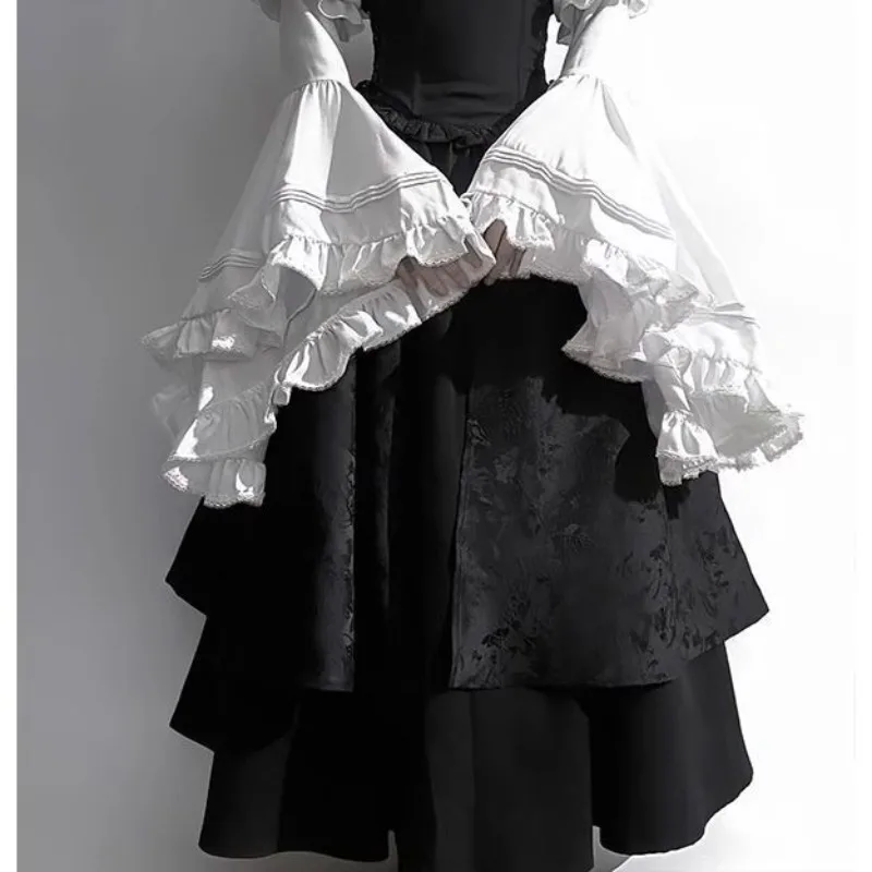 2025 Neues Gothic-Hemd Y2k Top Lolita Mädchen Rüschen Regenschirmrock Hohe Taille Lange Röcke Horn Langarm Student Elegante Bluse