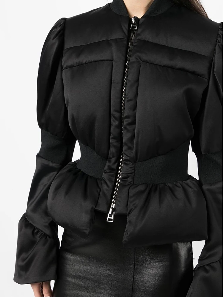 DEAT Fashion Women\'s Cotton-padded Coat Stand Neck Flare Sleeves Zip Waist Black Quilting Short Jackets Winter 2024 New 7AB299