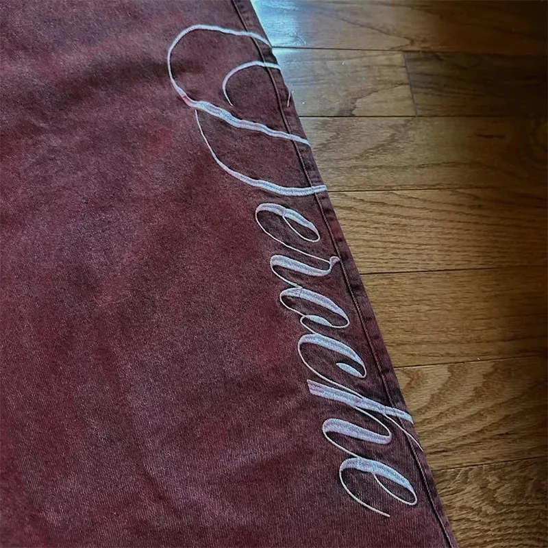 Y2K فضفاض الجينز غسلها الأحمر خمر إلكتروني طباعة برشام حزام خصر تصميم عالية الخصر واسعة الساق الجينز القوطي تحسس بنطلون الشارع الشهير #6