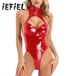 Sexy Lingerie Bodysuit Womens Underwear Patent Leather Latex High Cut Halter Neck Backless Leotard Catsuit Pole Dancing Teddies