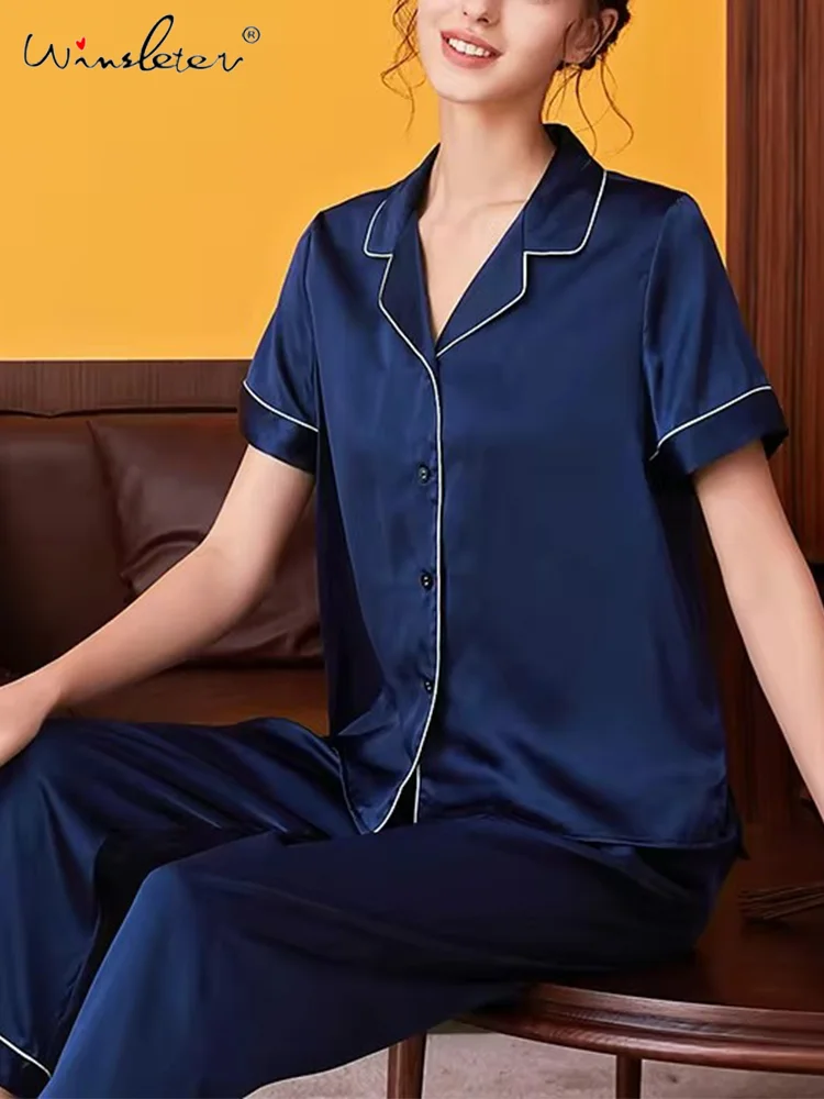 

Winsleter,Summer Women 100%Real silk Pajama Set,Fall Sleepwear Satin Solid Pijamas,Short Sleeve Top Pants Nightwear,S47699QM