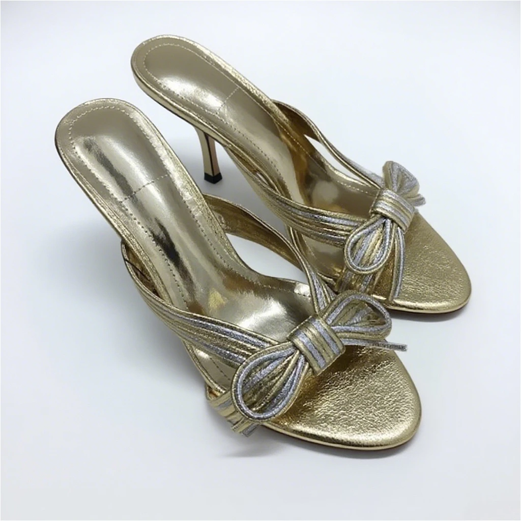 

Женские босоножки-мюли на очень высоком каблуке, дышащая летняя обувь с открытым носком и блестящим золотым бантом, брендовая роскошная обувь для вечеринок