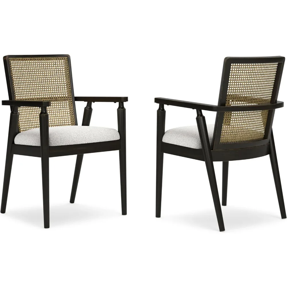 Galliden Rustic Solid Wood Upholstered Dining Arm Chair with Faux Cane Backrest, Set of 2, Light Brown & Black